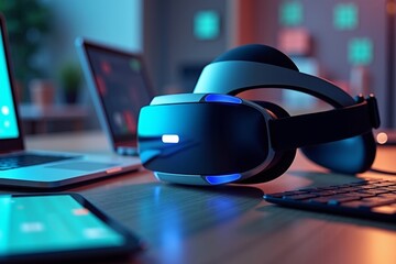 Digital Devices Surrounding Virtual Reality Headset on Desk, Symbolizing Technology Integration in Data Management