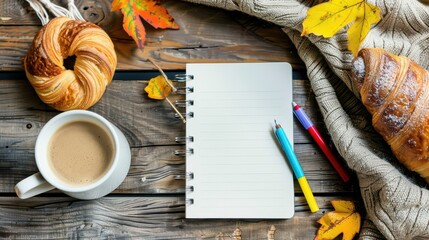 Cozy autumn back to school scene with coffee, croissants, and stationery for creative inspiration. Horizontal banner. Copy space. Template, mock-up for cafe, coffee shop, bar. Top view