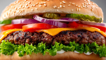 Delicious burger featuring a grilled patty, fresh lettuce, tomatoes, onions, pickles, and cheese on a sesame seed bun
