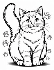 Halloween coloring page, adorable fluffy cat with paws isolated on white background for coloring book, kids coloring page