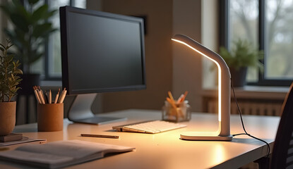 A modern desk setup featuring a computer monitor, keyboard, lamp, and various office supplies neatly arranged