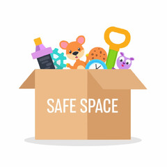 Fototapeta premium Cartoon box filled with colorful toys and labeled as safe space 