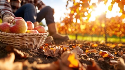Rural harvest scene with woven basket of apples and person in flannel shirt kneeling amid vibrant orchard foliage