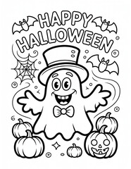 Halloween coloring page, happy halloween ghost with pumpkins and bats isolated on white background, kids coloring page