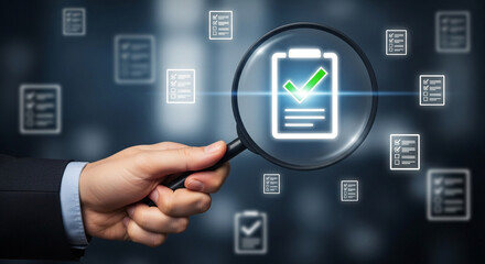 Fototapeta premium Magnifying glass inspecting approved checklist document with checkmark