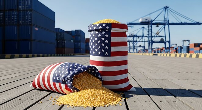 US agriculture exports symbolized by corn in flag bags at port