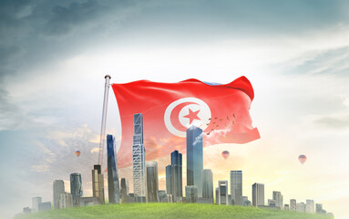 Tunisia national flag wavering with modern building skyline. Country showing stronger and prosperity. Flag key visual. Tunisia national flag for independence day.