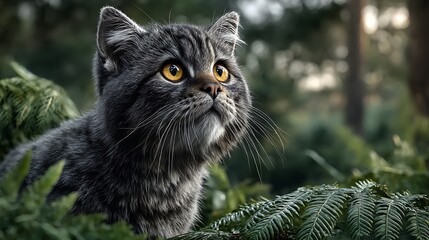 British Shorthair cat with exaggerated wide eyes and mouth slightly open, looking alarmed on an forest backdrop with lots of copy space.