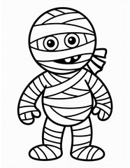 Halloween coloring page, cute cartoon mummy character wrapped in bandages isolated on white background, kids coloring page