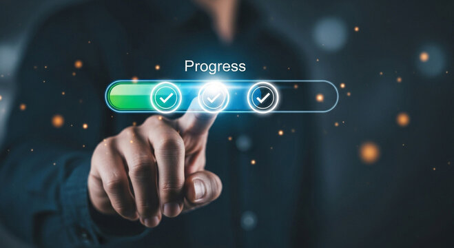 Person s finger interacting with a digital progress bar showing completion