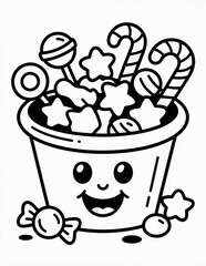 Halloween coloring page, bucket full of candy isolated on white background, perfect for halloween, kids coloring page
