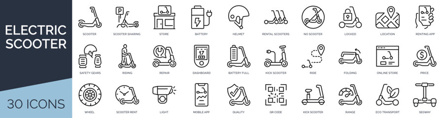 Set of 30 outline icons related to electric scooter. Linear icon collection. Editable stroke. Vector illustration © SkyLine