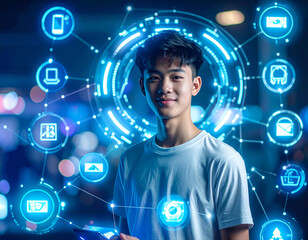 Play to earn: Teen gamer surrounded by NFT item holograms. This Asian boy looks optimistic and confident in his futuristic digital world, excited about possibilities