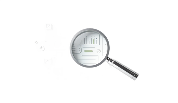 A magnifying glass examining a circuit board with various icons scattered around on a black background