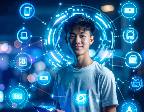 Play to earn: Teen gamer surrounded by NFT item holograms. This Asian boy looks optimistic and confident in his futuristic digital world, excited about possibilities - Powered by Adobe