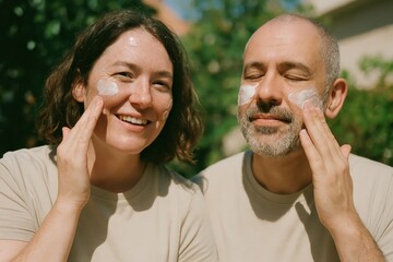 Fototapeta premium Couple applying sunscreen outdoors.