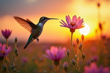 Obraz premium Capturing the Beauty of a Hummingbird in Flight, Stopping to Admire Wildflowers with a Backdrop of a Colorful Sunset Sky