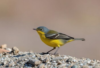 Yellow Songbird Standing on Pebble Ground, Wildlife Close-Up