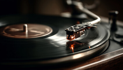 Vinyl record player with needle close-up