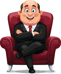 Businessman sitting in elegant armchair, confident posture, formal suit, modern corporate interior, professional office decor, leadership concept, executive portrait