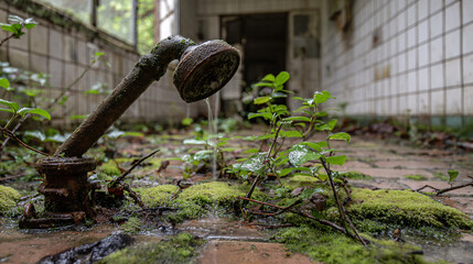 Overgrown Abandoned Shower Room with Moss and Plants