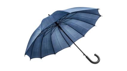 Stylish blue umbrella with a curved handle, isolated on transparent background, offering protection from rain and adding a touch of elegance to any outfit