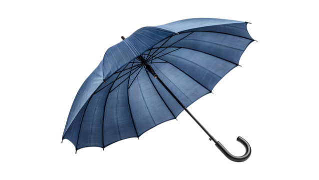 Stylish blue umbrella with a curved handle, isolated on transparent background, offering protection from rain and adding a touch of elegance to any outfit