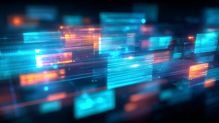 Blazing blocks of information race through cyberspace, portraying big data analytics and real time knowledge exchange.