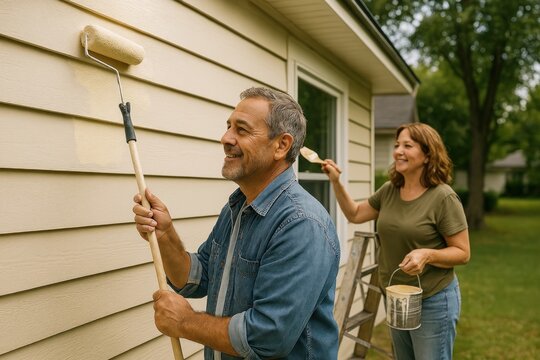 Couple painting house exterior together. - Powered by Adobe