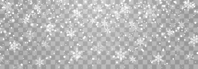 Vector falling snowflakes on png background. Vector heavy snowfall. White snowflakes flying in the air. Snow flakes, snow and blizzard. Christmas snow. Vector illustration isolated on transparent.
