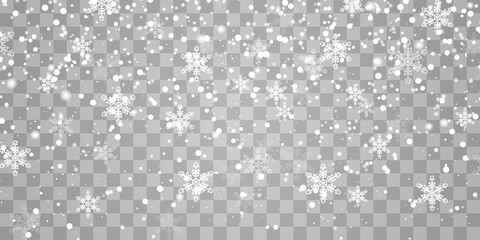 Vector falling snowflakes on png background. Vector heavy snowfall. White snowflakes flying in the air. Snow flakes, snow and blizzard. Christmas snow. Vector illustration isolated on transparent.