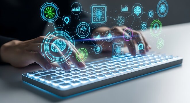 Hands typing on glowing keyboard surrounded by futuristic AI, data, and digital technology icons. Innovation and network concept.