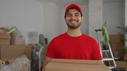 Delivery man holds cardboard box with bare forearms in a newly built home building; trust service...