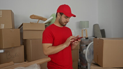 Man in red cap taps smartphone screen with finger inside building surrounded by moving boxes;...