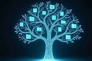 Obraz premium Futuristic Interface: Holographic Digital Tree Organizes Files and Data with Branching File Folders
