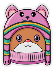 Cute Animal in Pink Bear Hat with Colorful Stripes