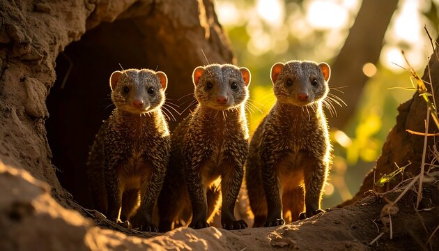 Three Young Mongooses Emerging from Burrow at Sunrise