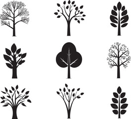 Diverse Tree Silhouette Collection: A diverse collection of minimalist tree silhouettes in various styles, showcasing the beauty and variety of arboreal forms.