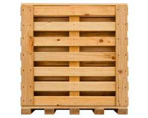 Large empty wooden transport crate sitting on a pallet on a transparent background