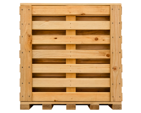 Large empty wooden transport crate sitting on a pallet on a transparent background