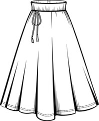 Fashion illustration of a full-length flared skirt with a drawstring waist, perfect for summer and spring collections, vector sketch.