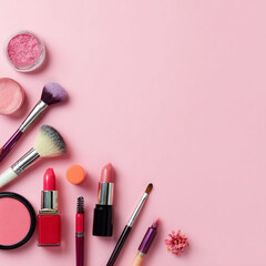 Elegant Makeup and Skincare Accessories on Soft Background with Flowers