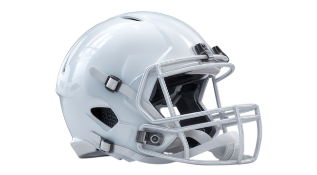 Vibrant photo of white american football helmet isolated on transparent background.