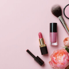 Elegant Makeup and Skincare Accessories on Soft Background with Flowers