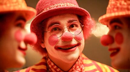 Clowns wearing makeup and colorful costumes are smiling