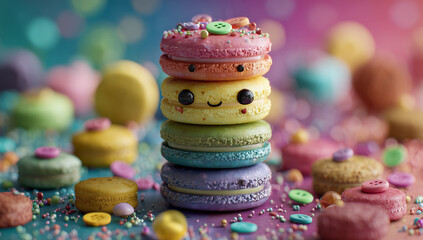 Adorable stack of colorful kawaii macarons with sweet decorations