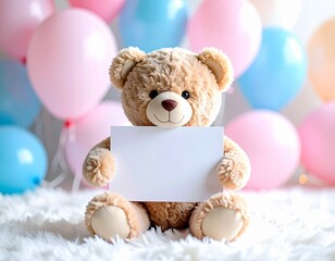Teddy Bear with Blank Card and Pink and Blue Balloons