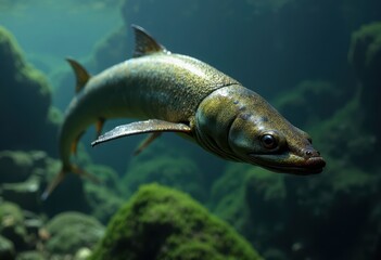 Trout Swimming Above Mossy Rocks in Clear Freshwater River