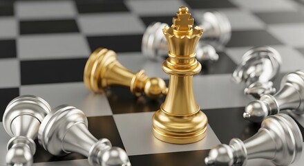 Black pawn and queen chess pieces on a chessboard, representing business strategy and competition