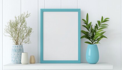 Blue Frame Mockup On White Shelf And Table With Mockup Diploma, Certificate, Picture, And Gratitude Frame Mockup On White Wooden Wall.